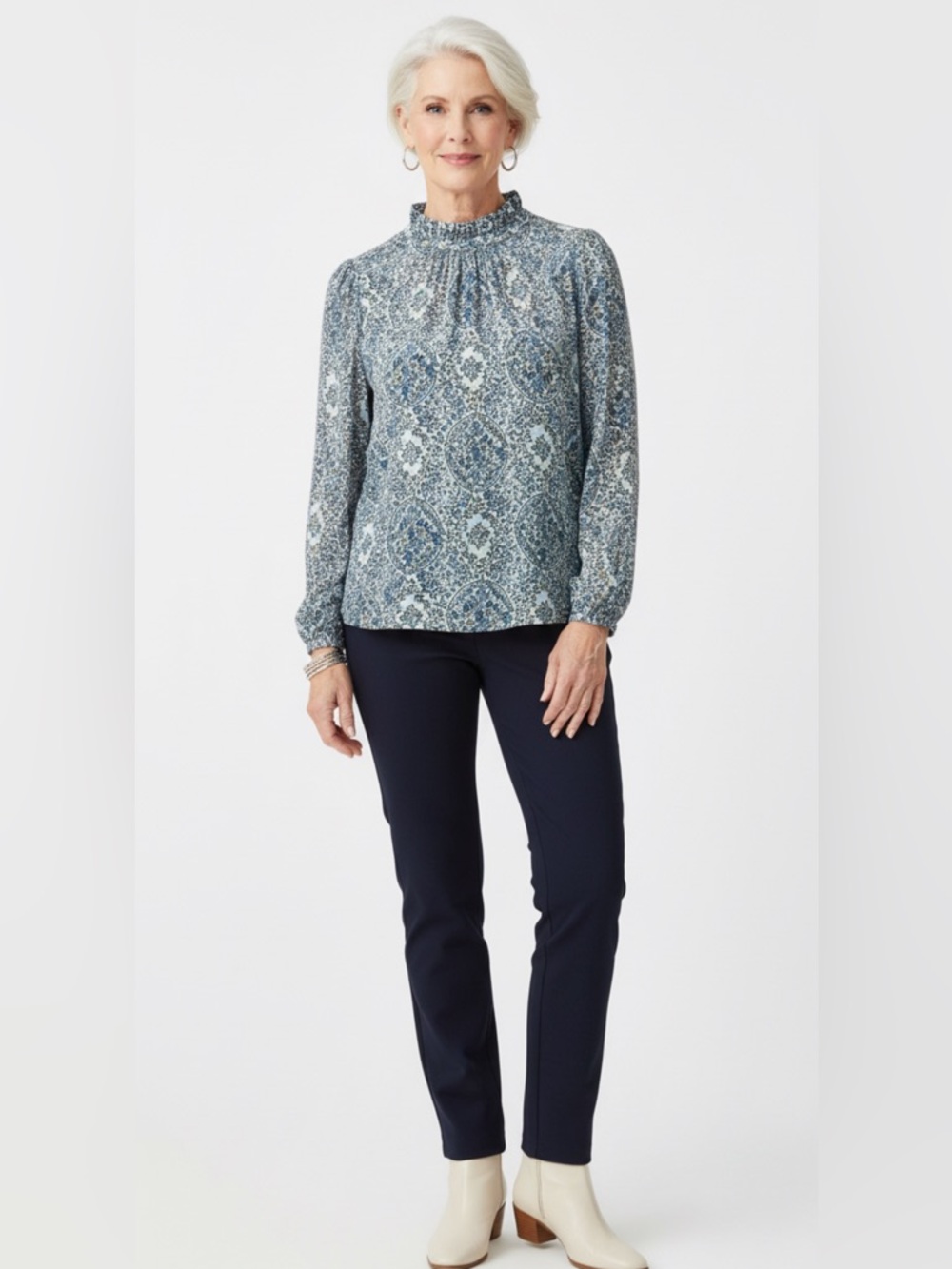 Loft Petite Floral Mock Ruffle Neckline Long Sleeve Mixed Media Top